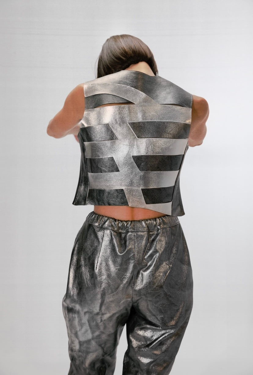 Aiden Leather Vest Washed Silver