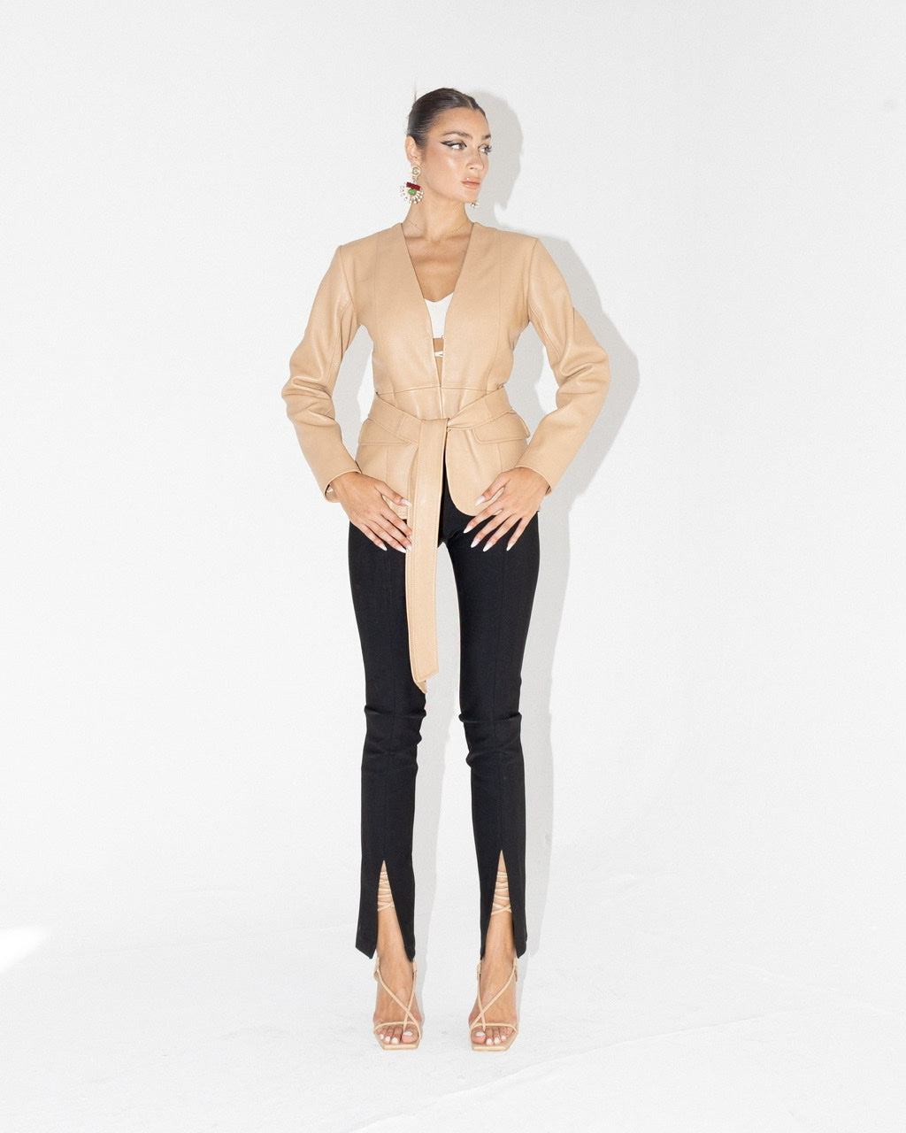 Cordelia Leather Blazer Nude Beige