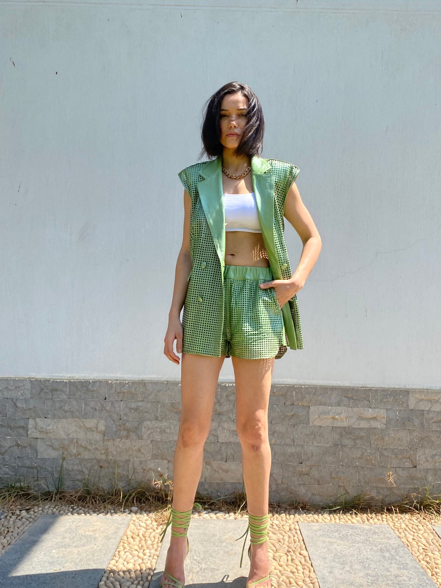 Ebony Leather Shorts Electric Lime Green