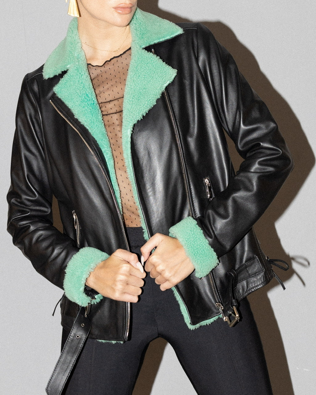 Gaia Shearling Leather Jacket Black x Green