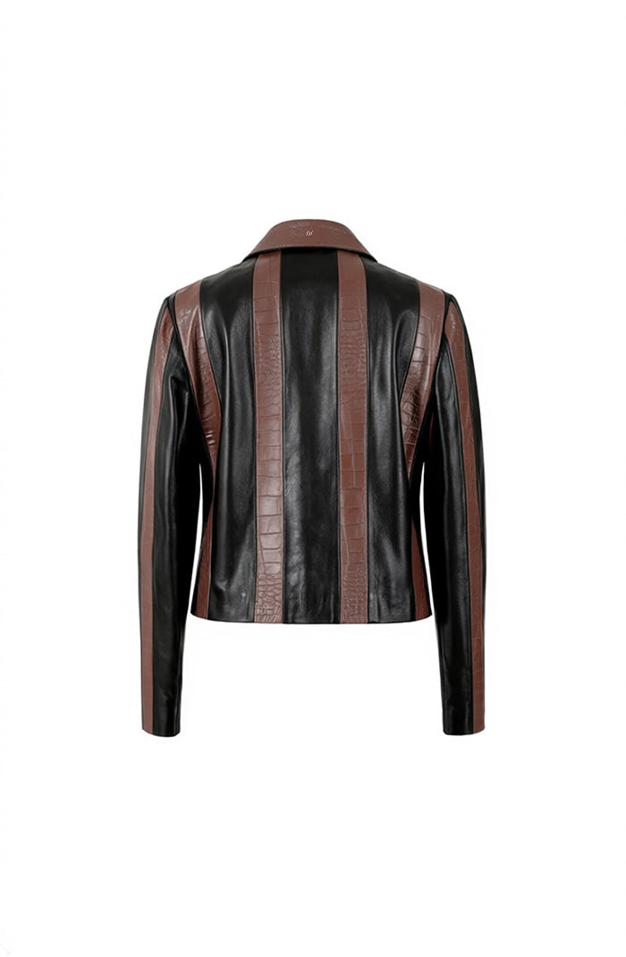 Harper Striped Leather Jacket Black x Brown croc