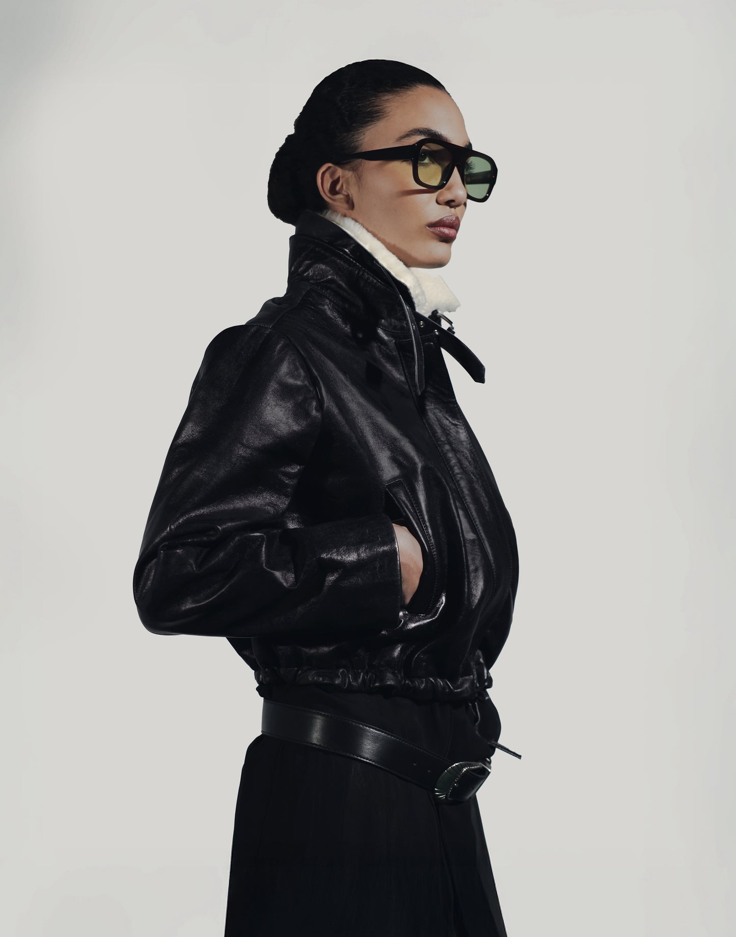 Jasper Leather Bomber Jacket Glossy Black