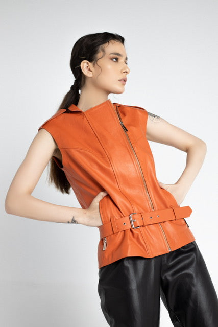 Oak Leather Biker Vest Orange