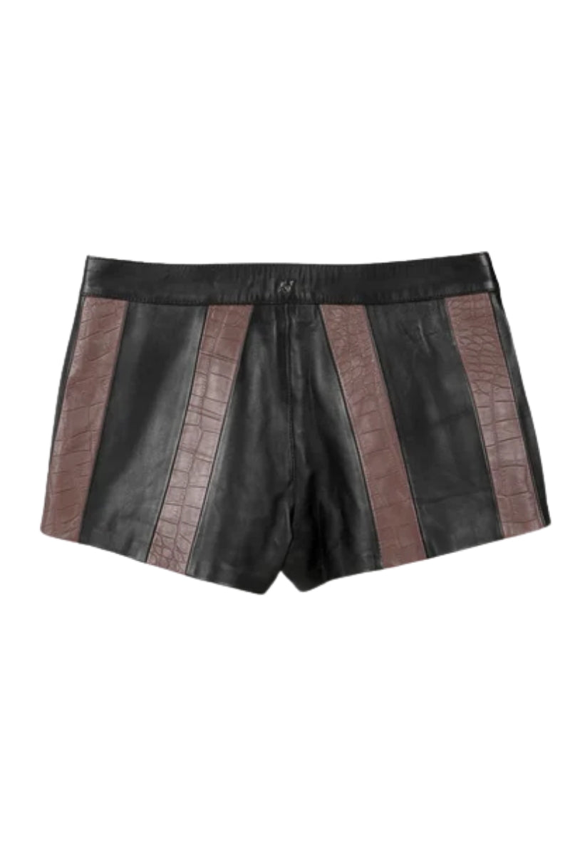 Sterling Striped Leather Shorts Black x Brown Croc