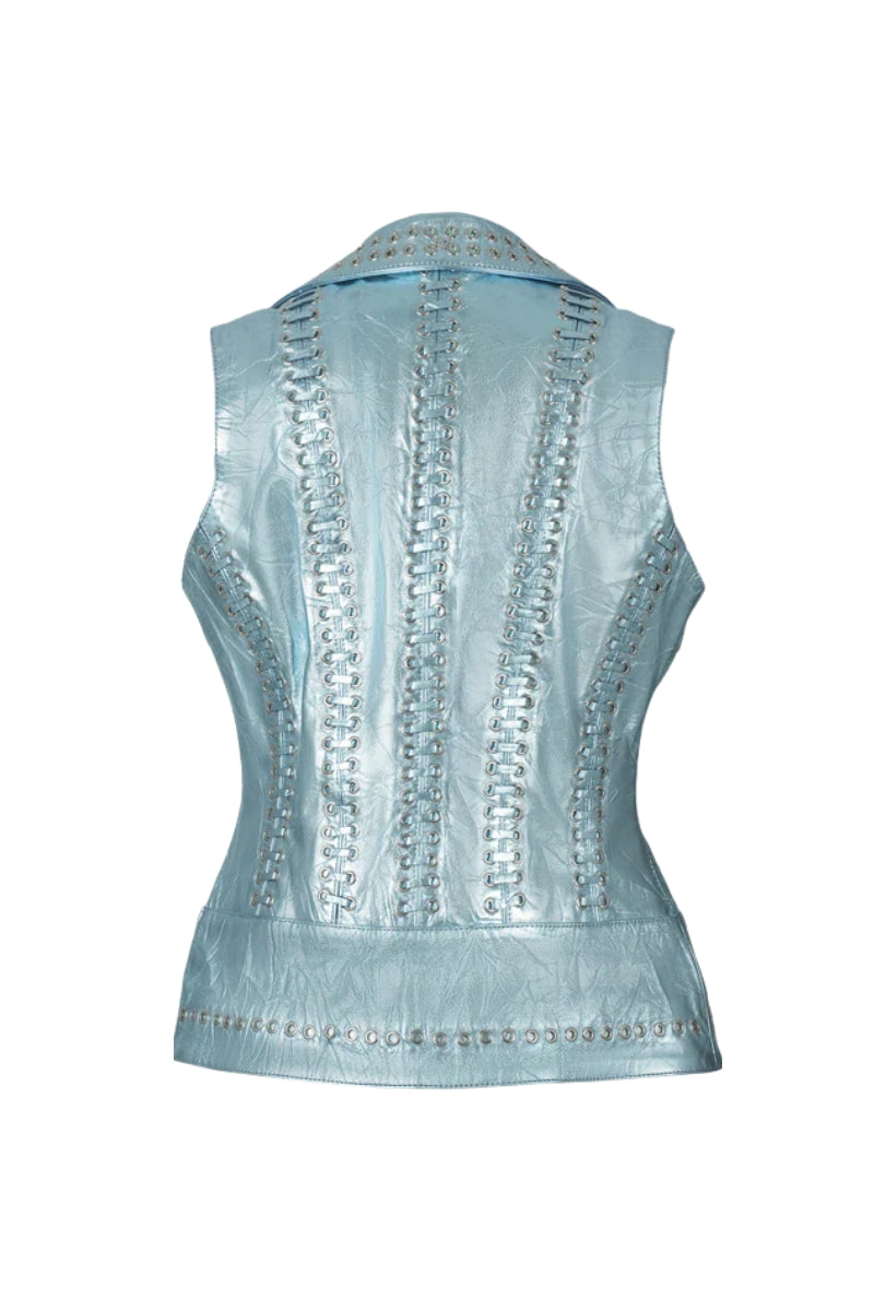 Kayla Leather Vest Crinched Baby Blue