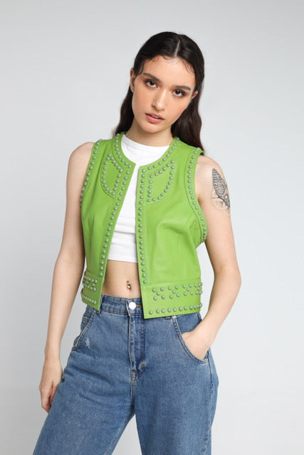 Yin Yang Studded Leather Vest Lime Green