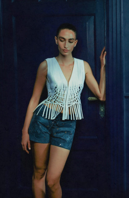 Jason Suede Laser-Cut Shorts Blue