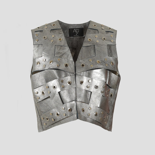 Aiden Studded Leather Vest Washed Silver