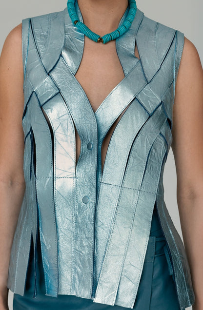 Brianna Leather Vest Crinched Blue
