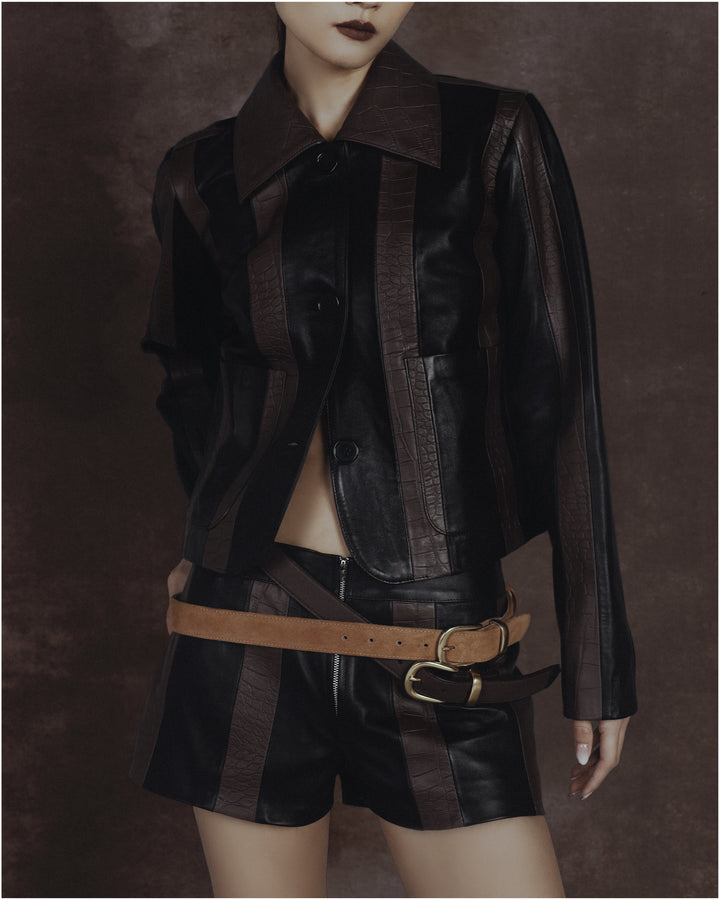 Harper Striped Leather Jacket Black x Brown croc