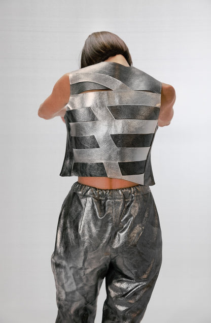 Aiden Leather Vest Washed Silver