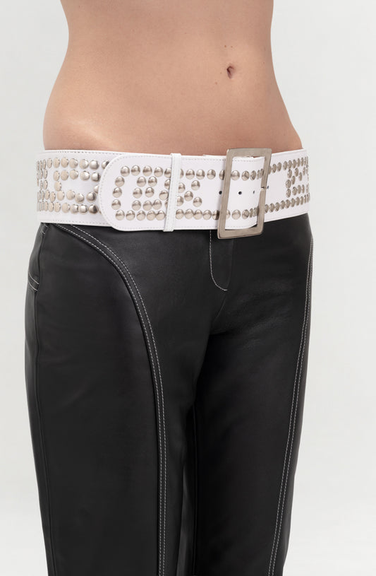 Esther Studded Leather Belt White