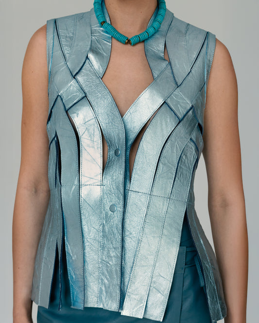 Brianna Leather Vest Crinched Blue