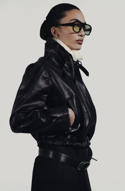Jasper Leather Bomber Jacket Glossy Black