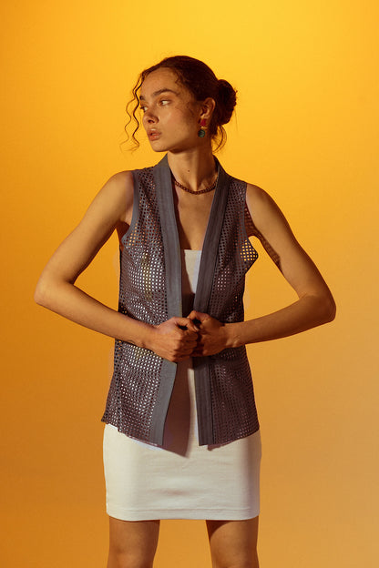 Ebony Leather Vest Cerulean Blue