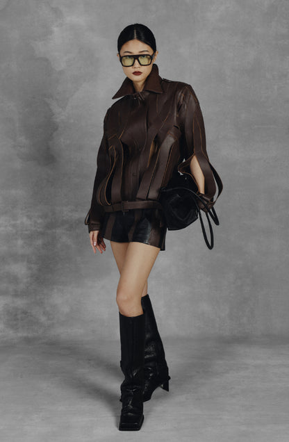 Brianna Oversized Leather Jacket Brown