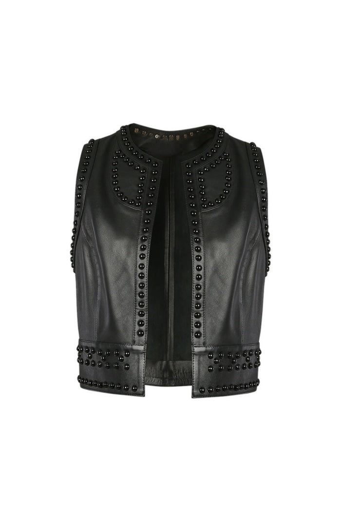 Yin Yang Studded Leather Vest Black