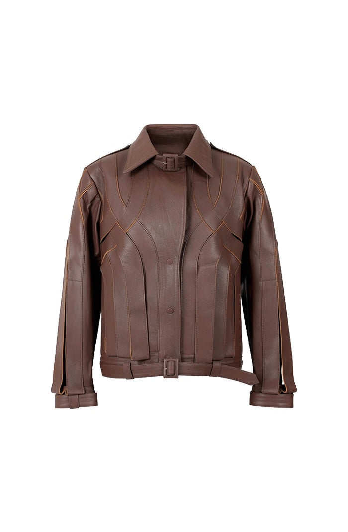 Brianna Oversized Leather Jacket Brown