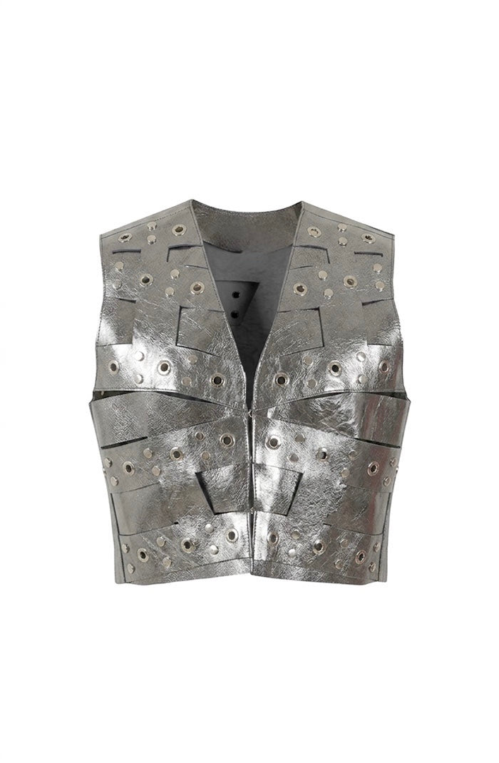 Aiden Studded Leather Vest Washed Silver