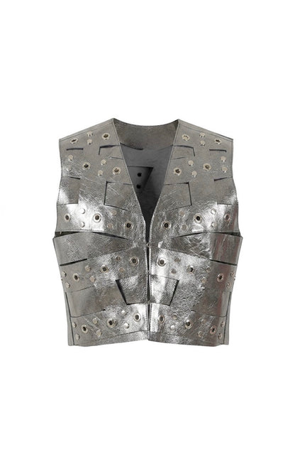 Aiden Studded Leather Vest Washed Silver