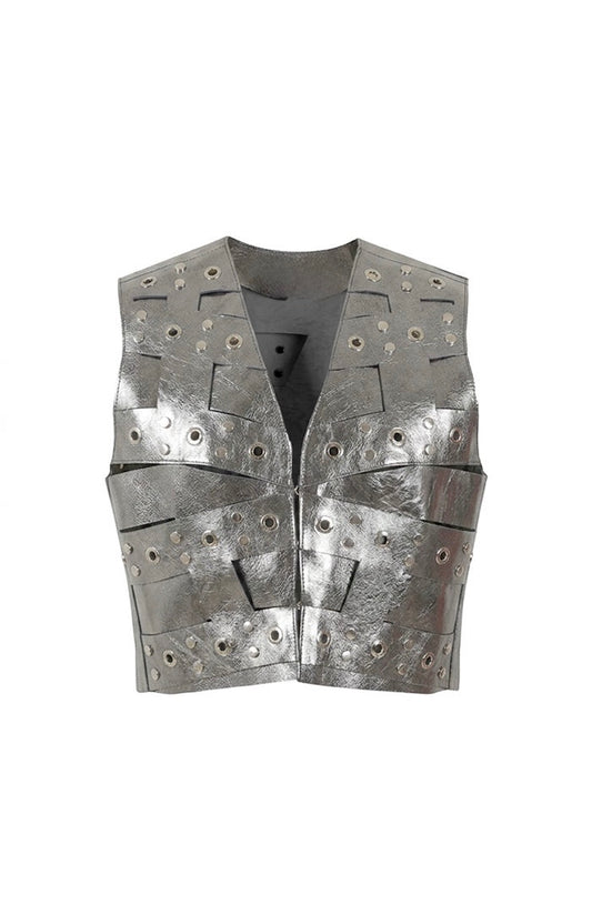 Aiden Studded Leather Vest Washed Silver