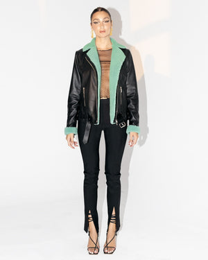 Gaia Shearling Leather Jacket Black x Green
