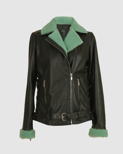 Gaia Shearling Leather Jacket Black x Green