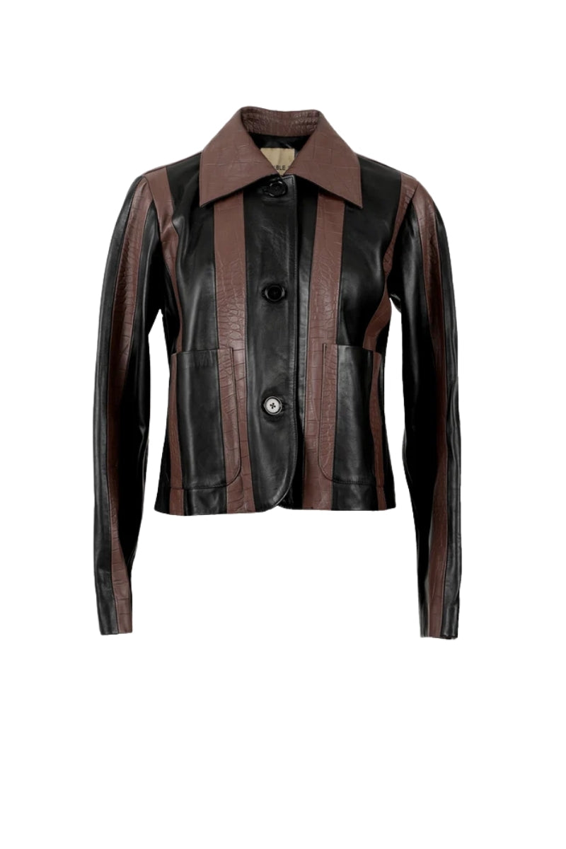 Harper Striped Leather Jacket Black x Brown croc
