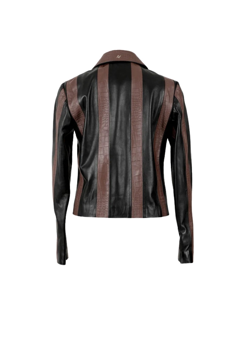Harper Striped Leather Jacket Black x Brown croc