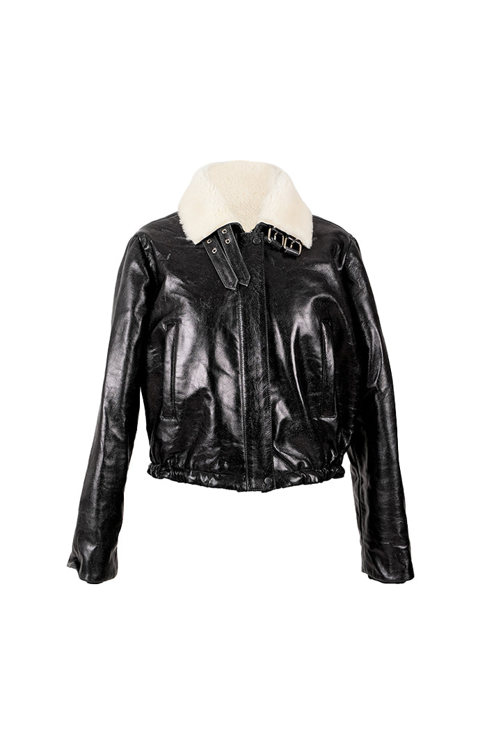 Jasper Leather Bomber Jacket Glossy Black