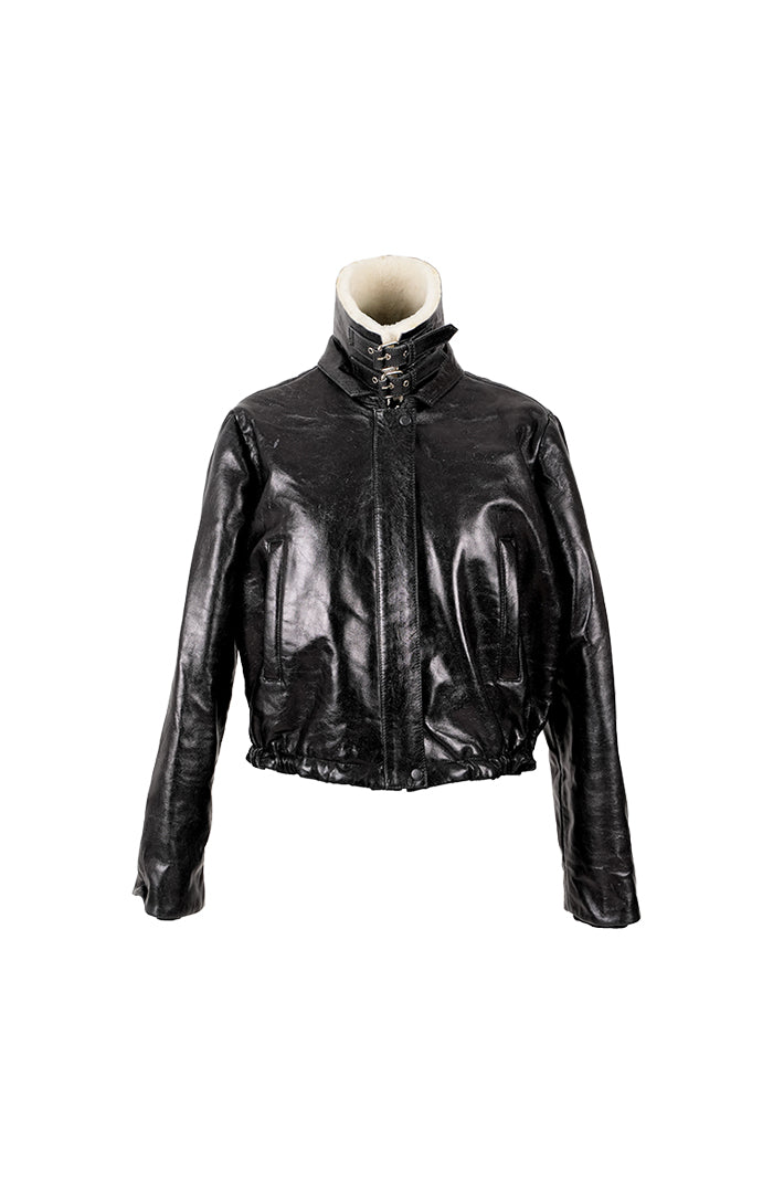 Jasper Leather Bomber Jacket Glossy Black
