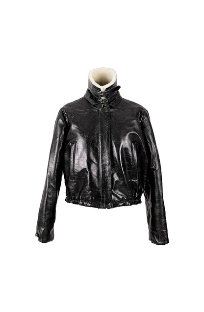 Jasper Leather Bomber Jacket Glossy Black