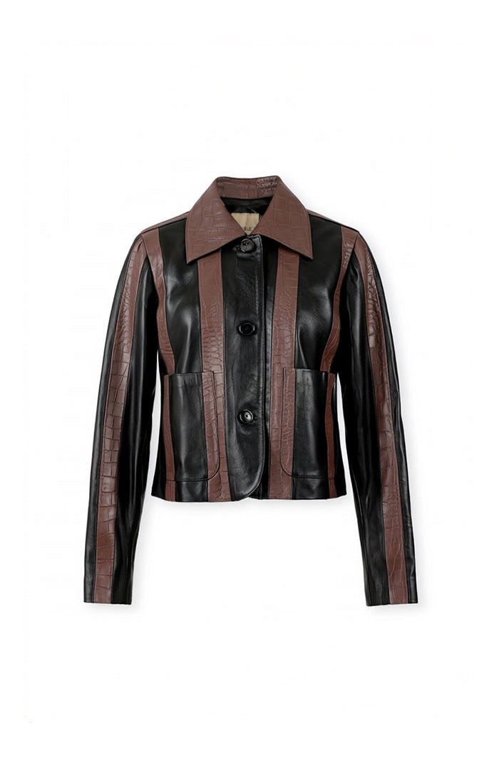 Harper Striped Leather Jacket Black x Brown croc