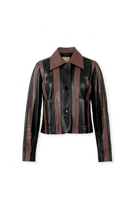 Harper Striped Leather Jacket Black x Brown croc