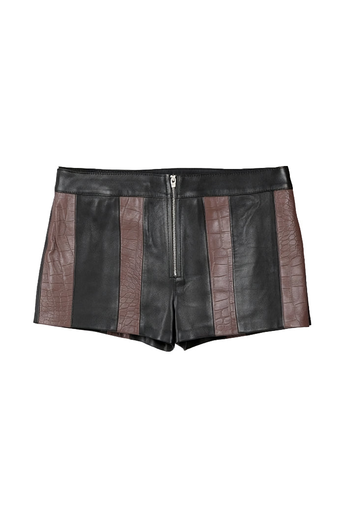 Sterling Striped Leather Shorts Black x Brown Croc