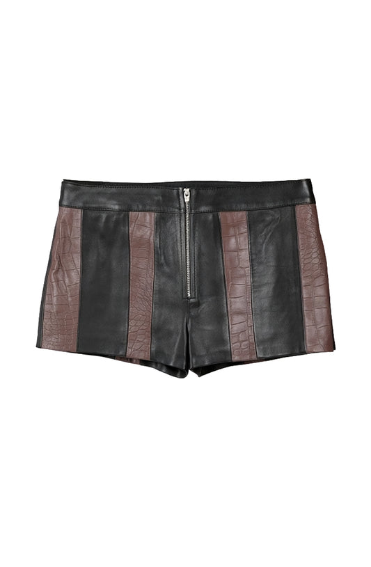 Sterling Striped Leather Shorts Black x Brown Croc