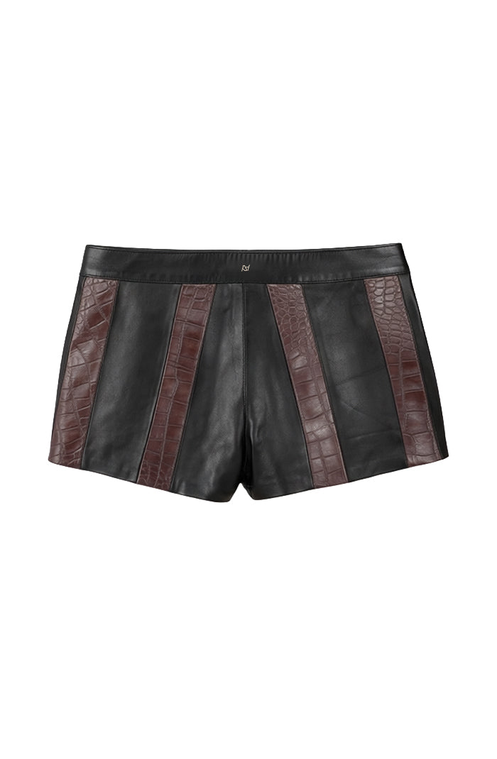 Sterling Striped Leather Shorts Black x Brown Croc