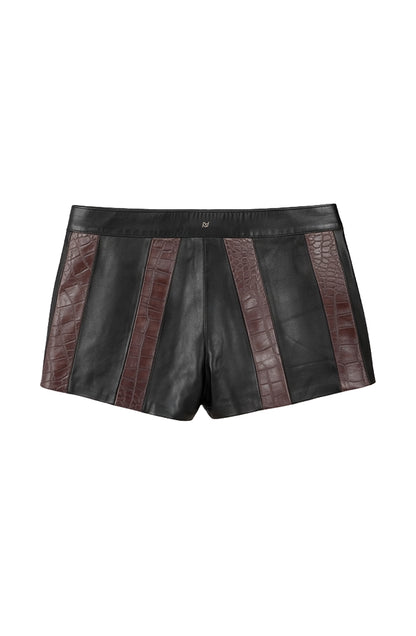 Sterling Striped Leather Shorts Black x Brown Croc