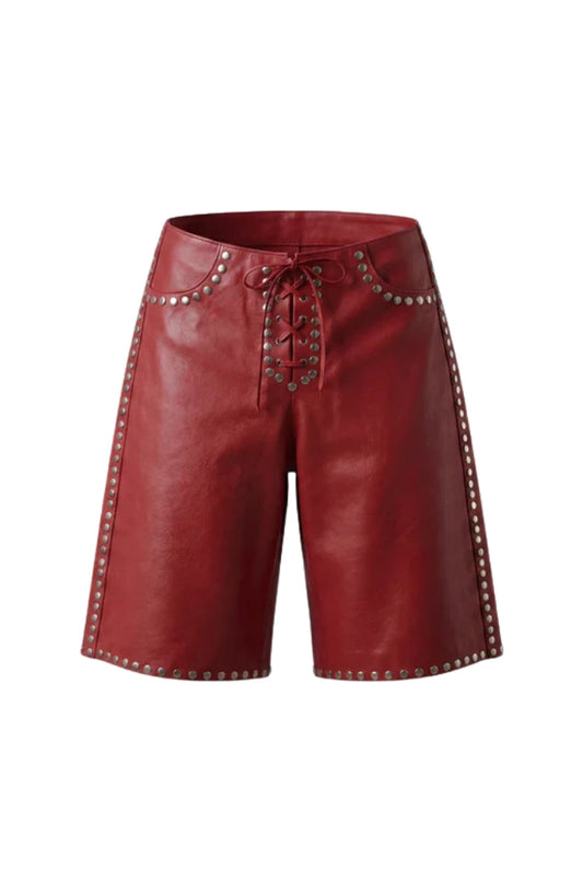 Callie Leather Studded Shorts Red
