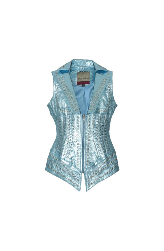 Kayla Leather Vest Crinched Baby Blue