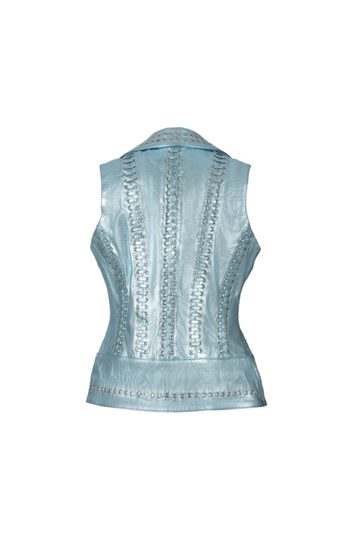 Kayla Leather Vest Crinched Baby Blue