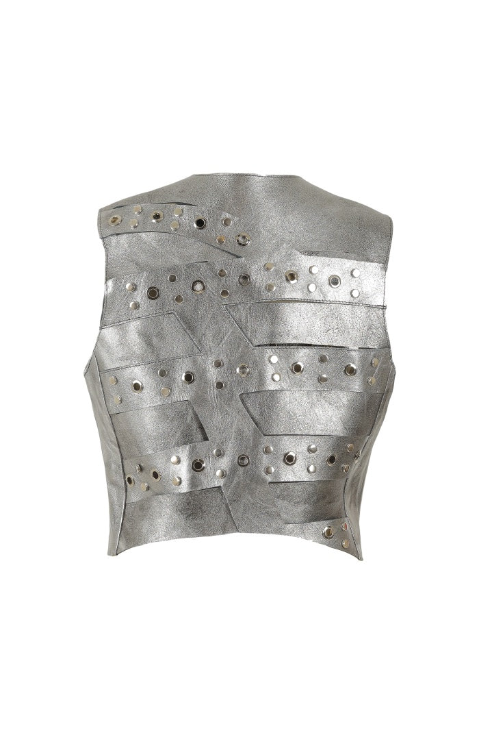 Aiden Studded Leather Vest Washed Silver