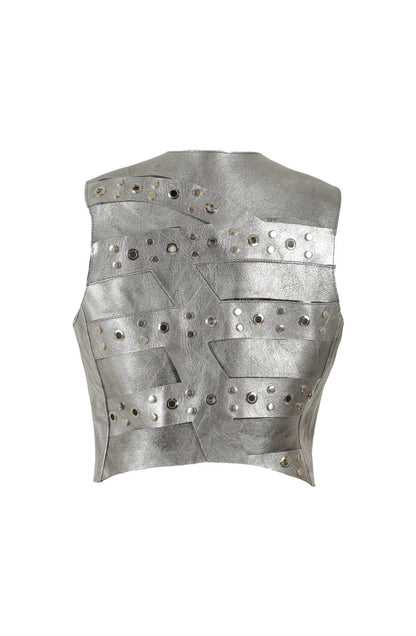 Aiden Studded Leather Vest Washed Silver