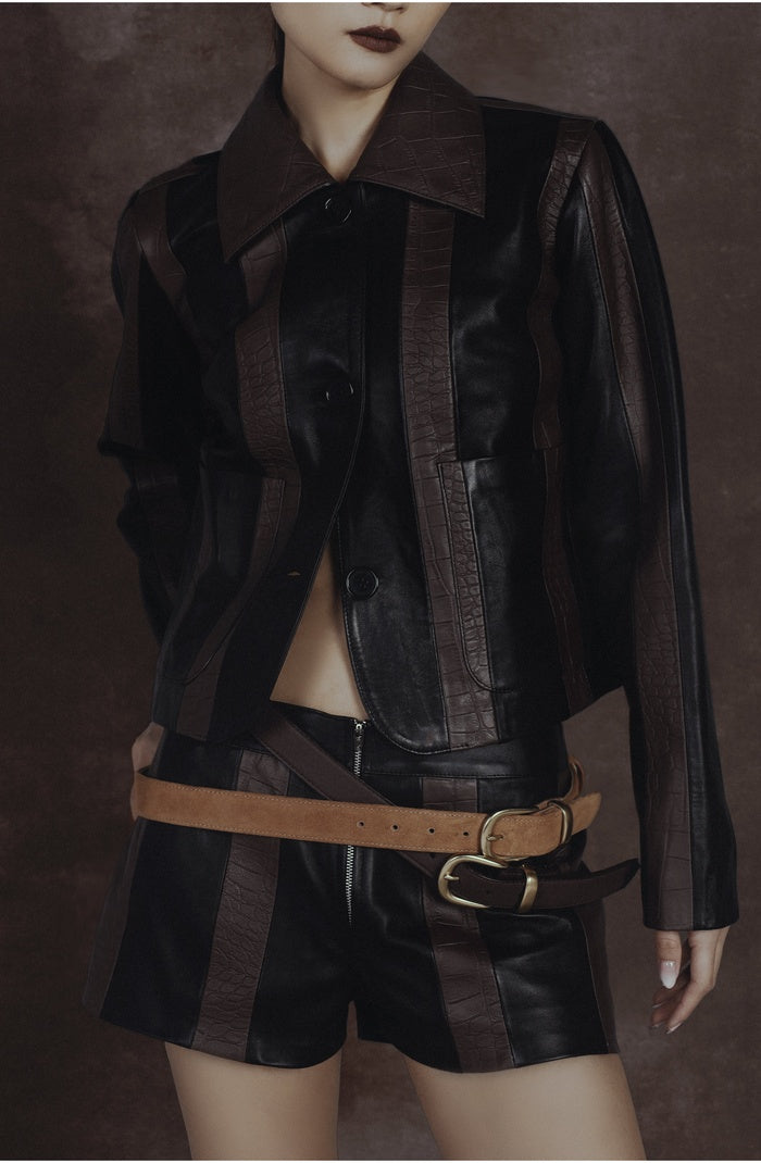 Sterling Striped Leather Shorts Black x Brown Croc