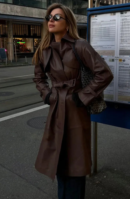 Dahlia Leather Coat Brown