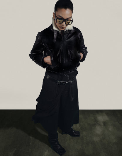 Jasper Leather Bomber Jacket Glossy Black