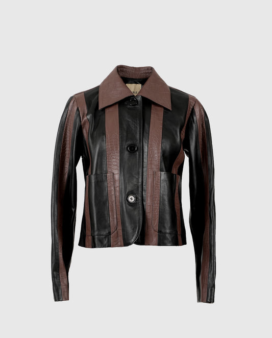 Harper Striped Leather Jacket Black x Brown croc