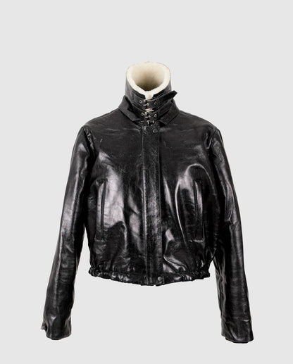 Jasper Leather Bomber Jacket Glossy Black