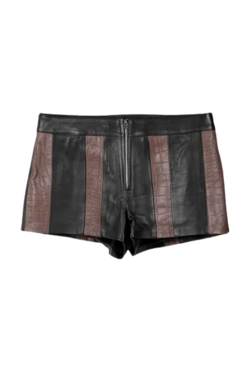 Sterling Striped Leather Shorts Black x Brown Croc