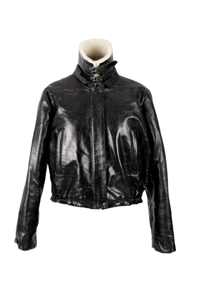 Jasper Leather Bomber Jacket Glossy Black